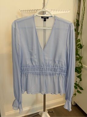 Express Light Blue V-Neck Smocked Waist Peplum Blouse